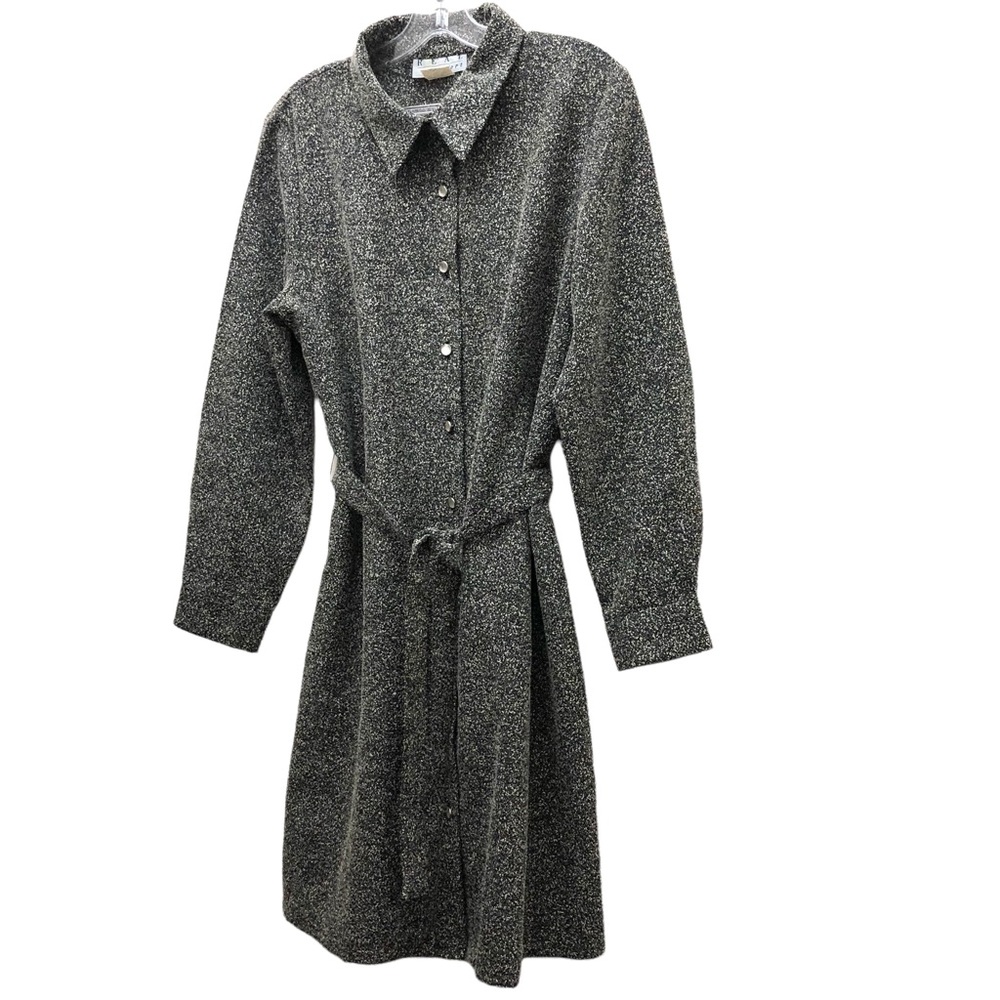 Real Comfort Long Sleeve Button Down Tie Waist Shirtdress W Size 12 Black/White